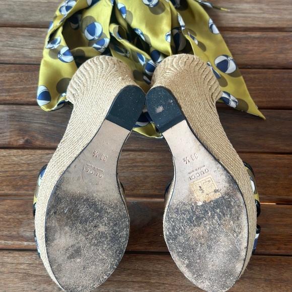 Gucci Multicolor Printed Silk and Jute Scarf Ankle Wrap Wedge Sandals - Picture 5 of 6
